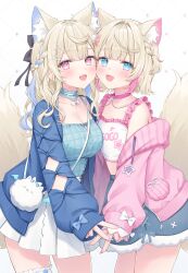 2girls absurdres animal_ears bare_shoulders blonde_hair blue_choker blue_eyes blue_jacket blue_shirt blue_skirt breasts choker crop_top dog_ears dog_girl dog_tail frilled_shirt frills fuwawa_abyssgard highres hololive hololive_english jacket large_breasts long_hair looking_at_viewer midriff mococo_abyssgard multicolored_hair multiple_girls off_shoulder open_mouth pink_choker pink_eyes pink_jacket shano_hiyori shirt short_hair skirt sleeveless sleeveless_shirt smile streaked_hair tail v virtual_youtuber white_shirt white_skirt