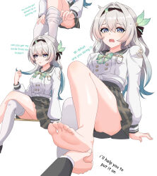 Rule 34 | 1girl, 1other, absurdres, black hairband, breasts, buttons, commentary, crossed legs, double-breasted, english text, feet, firefly (honkai: star rail), firefly (spring missive) (honkai: star rail), grey hair, grey skirt, hairband, highres, holding another&#039;s feet, honkai: star rail, honkai (series), long hair, maxwelzy, medium breasts, miniskirt, multicolored eyes, multicolored hair, multiple views, official alternate costume, pleated skirt, school uniform, serafuku, simple background, single bare foot, single thighhigh, skirt, soles, thighhighs, toes, two-tone eyes, two-tone hair, white background, white serafuku, white thighhighs