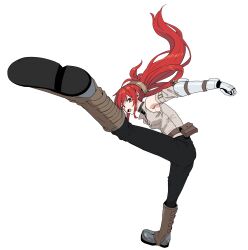 1girl absurdres bare_shoulders black_pants boots brown_boots brown_shirt eris_greyrat floating_hair full_body highres kicking knee_boots long_hair looking_at_viewer mechanical_arms mushoku_tensei open_mouth pants piripun ponytail red_eyes red_hair shirt shoe_soles simple_background sleeveless sleeveless_shirt solo standing standing_on_one_leg v-shaped_eyebrows very_long_hair white_background