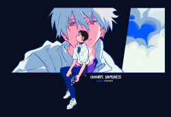 2boys artist_name black_background cassette_player choker collared_shirt commentary dated earbuds earphones english_commentary hair_between_eyes highres holding ikari_shinji kohiu male_focus multiple_boys nagisa_kaworu neon_genesis_evangelion open_collar rebuild_of_evangelion red_eyes shirt shirt_tucked_in shoes short_hair short_sleeves sitting sneakers walkman white_shirt