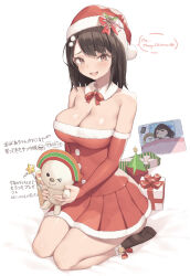 1girl =_= absurdres arrow_(symbol) bare_shoulders bell black_hair black_socks blush box breasts bridal_gauntlets brown_hair cellphone chibi chibi_inset cleavage cloba closed_eyes closed_mouth commentary_request detached_collar doll dress english_text fur-trimmed_dress fur-trimmed_gloves fur-trimmed_headwear fur_trim furrowed_brow gift gift_box gloves hair_ornament hat highres holding holding_doll jingle_bell large_breasts looking_at_viewer medium_hair mole mole_on_breast multiple_views neck_ribbon no_shoes open_mouth original phone pleated_dress pom_pom_(clothes) pom_pom_hair_ornament red_dress red_hat red_ribbon ribbon santa_costume santa_dress santa_hat seiza signature sitting sleeping smartphone smile socks speech_bubble strapless strapless_dress teeth tongue translation_request under_covers white_background