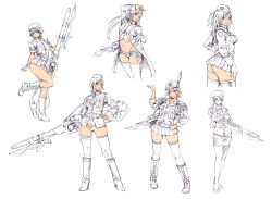 6+girls absurdres arm_up ass bayonet beret boots bottomless reference_sheet coat feathers garrison_cap glasses gloves goggles gun hand_on_own_hip hat helmet high_heels highres hip_focus huge_weapon knee_boots knife legs long_hair looking_back microskirt military military_uniform miniskirt monochrome multiple_girls nida_schuetlitch no_panties no_pants non-web_source panties pantyhose partially_colored peaked_cap rifle short_hair shuraki sketch skirt sleeves_rolled_up smile standing standing_on_one_leg thighhighs trench_coat underwear weapon wild_flower yamashita_shun&#039;ya zettai_ryouiki