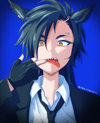 1girl absurdres air_shakur_(umamusume) animal_ears asymmetrical_bangs black_gloves black_hair black_jacket black_necktie blue_background collared_shirt ear_piercing eyebrow_piercing face_piercing finger_in_own_mouth fingerless_gloves gloves highres horse_ears jacket long_hair long_sleeves looking_at_viewer mouth_pull necktie open_mouth piercing samedonburi sharp_teeth shirt solo teeth tongue tongue_out tongue_piercing translation_request umamusume upper_body upper_teeth_only v-shaped_eyebrows white_shirt yellow_eyes