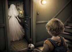 1boy 1girl backpack bag ball bridal_veil carpet child commentary_request covered_face desk_lamp door dress from_behind ghost gloves highres horror_(theme) indoors kobone_awaki lamp light_brown_hair light_particles original painting_(object) photo_(object) soccer_ball stairs sweater veil wedding_dress white_dress white_gloves wooden_floor