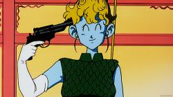 1boy 3girls animated animated_gif anime_screenshot black_hair blonde_hair blood blue_skin brown_hair colored_skin cowboy_shot death dragon_ball dragonball_z dress elbow_gloves filler gloves gun handgun lowres multiple_girls palace red_eyes revolver russian_roulette short_hair son_goku suicide surprised weapon white_gloves