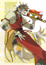 1boy alternate_costume arknights blonde_hair brown_hair chinese_clothes chinese_commentary commentary_request dragon_bubble_(arknights) feet_out_of_frame fingerless_gloves fins fish_tail furry furry_male gloves head_fins highres holding holding_tray kaifei_(kaifei_29) lee_(arknights) looking_at_viewer male_focus multicolored_hair open_mouth orange-tinted_eyewear patterned_background peking_duck_(food) shirt smile solo streaked_hair tail teeth tinted_eyewear tray upper_teeth_only white_background white_gloves white_shirt yellow_background yellow_eyes