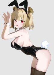 1girl absurdres alternate_costume animal_ears bakuza black_leotard black_pantyhose breasts burnice_white fake_animal_ears fake_tail highres leotard looking_at_viewer medium_breasts medium_hair pantyhose rabbit_ears rabbit_tail red_eyes smile solo strapless strapless_leotard tail two_side_up white_wrist_cuffs wrist_cuffs zenless_zone_zero