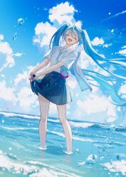 1girl :d ^_^ blue_hair blue_necktie blue_skirt blue_sky closed_eyes cloud cloudy_sky collared_shirt commentary day facing_viewer full_body hatsune_miku highres long_hair necktie ocean open_mouth outdoors pleated_skirt shirt short_sleeves skirt sky smile solo standing twintails vocaloid wading water watermark white_shirt yuzuha_wasa