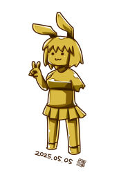1girl :3 amputee animal_ears closed_mouth commentary_request cookie_(touhou) dated fake_hisui_(cookie) full_body gold_shirt gold_skin gold_skirt golden_week highres itini-sanshi rabbit_ears rabbit_girl reisen_udongein_inaba short_hair simple_background smile solid_circle_eyes solo touhou v white_background