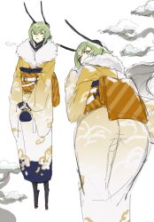1boy androgynous antennae arthropod_boy arthropod_limbs bulge floral_print from_behind full_body fur-trimmed_kimono fur_trim grey_hair highres japanese_clothes kimono looking_back male_focus mokotoko9 monster_boy multiple_views obi original parted_lips sash short_hair sketch white_background yellow_eyes yellow_kimono