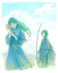1boy 1girl aqua_theme blue_sky bucket cloud cloudy_sky crying crying_with_eyes_open curly_hair dress drill_hair father_and_daughter feet_out_of_frame fire_emblem fire_emblem:_three_houses fishing_rod flayn_(fire_emblem) garreg_mach_monastery_uniform green_eyes green_hair hair_ornament hairclip highres holding holding_bucket holding_fishing_rod holding_shell limited_palette looking_at_viewer nintendo pointy_ears seashell seteth_(fire_emblem) shell sky suzytookaflight swept_bangs tears turtleneck twin_drills