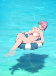 1girl aoba_(kancolle) barefoot bikini blue_eyes breasts cleavage hair_between_eyes highres ikadamo innertube kantai_collection large_breasts looking_at_viewer ponytail purple_hair shadow sitting soaking_feet solo swim_ring swimsuit v water white_bikini
