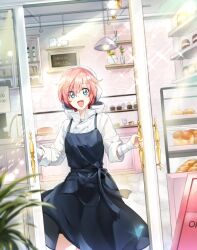 1girl :d apron bag baguette bakery bandaged_arm bandages black_apron black_skirt blue_eyes bottle bow bread brick_wall buttons cake cake_slice cash_register chef counter cowboy_shot cup cupcake display_case double-breasted dutch_angle food hair_between_eyes hanging_light headscarf jacket jar loaf_of_bread long_sleeves looking_at_viewer menu_board myagarin open_mouth opening_door original paper_bag pink_hair plant shelf shop short_hair shorts shorts_under_skirt skirt smile solo sparkle standing teacup vase white_bow white_headscarf white_jacket
