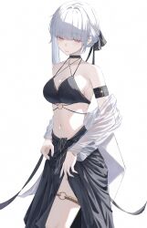 1girl alternate_costume armband bare_shoulders bikini bikini_top_only black_armband black_bikini black_ribbon black_sarong breasts celly_(mogmog_99) cleavage closed_mouth commentary_request cowboy_shot crescent crescent_hair_ornament fingernails grey_nails hair_ornament hair_ribbon highres long_fingernails medium_breasts mole mole_under_mouth nail_polish navel o-ring o-ring_thigh_strap red_eyes ribbon sanhua_(wuthering_waves) sarong short_hair sidelocks simple_background smile solo stomach swimsuit swimsuit_cover-up thigh_strap white_background wuthering_waves