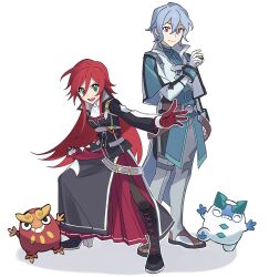 Rule 34 | 1boy, 1girl, 2others, blue hair, boots, celis ortesia, closed mouth, commentary, crossover, eiyuu densetsu, english commentary, gloves, green eyes, highres, holding, holding poke ball, jacket, kuro no kiseki (series), kuro no kiseki i, long hair, long sleeves, looking at viewer, multiple others, nintendo, open mouth, poke ball, pokemon, pokemon (creature), purple eyes, red gloves, red hair, rion balthazar, shawl, short hair, sidelocks, simple background, smile, white background, white gloves, yakiniku9