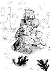 Rule 34 | 1boy, 1girl, 2b (nier:automata), 9s (nier:automata), amir halgal, amir halgal (cosplay), blindfold, brick wall, cosplay, ear piercing, earrings, fern, great-star-mangaka, hat, highres, hug, hug from behind, jewelry, karluk eihon, karluk eihon (cosplay), looking at another, necklace, nier:automata, nier (series), on ground, open door, open mouth, otoyomegatari, piercing, sitting, smile, teeth