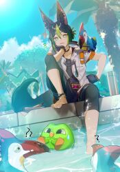 1boy ? ?? absurdres aiwo_o_lite animal_ear_fluff animal_ears aqua_eyes barefoot beak belt bird black_choker black_eyes black_gloves black_hair black_pants black_shorts blue_sky blunt_ends buttons choker clenched_hand cloud cloudy_sky collarbone crossover day duo_(duolingo) duolingo earrings feathered_wings fox_boy fox_ears fox_tail genshin_impact gloves green_hair grey_shirt hair_between_eyes hair_ornament hand_on_own_face hand_on_own_hip hand_up highres hood hoodie jewelry leaf_earrings leaf_hair_ornament looking_at_another magnifying_glass multicolored_hair notebook notice_lines official_alternate_costume open_clothes open_hoodie open_mouth outdoors owl palm_leaf palm_tree pants pencil pool purple_belt shirt short_hair short_sleeves shorts single_earring sitting sky smile sweatdrop t-shirt tail tassel teeth tighnari_(genshin_impact) toenails toucan tree two-tone_hair water white_hoodie wings