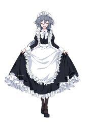 Rule 34 | 1girl, alternate costume, apron, black bow, black dress, black shoes, bow, bowtie, center frills, closed eyes, commentary request, curtsey, dress, enmaided, frilled dress, frills, fu hua, full body, grey hair, hair bow, highres, honkai (series), honkai impact 3rd, juliet sleeves, korean commentary, long hair, long sleeves, maid, maid apron, maid headdress, open mouth, puffy sleeves, shoes, simple background, solo, standing, twitter username, white apron, white background, white bow, white bowtie, yuhuria 52