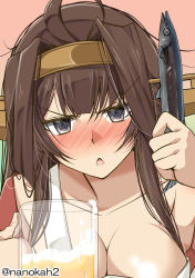 1girl @_@ ahoge alcohol apron beer beer_mug blush breasts brown_hair chestnut_mouth cleavage close-up collarbone cup double_bun drunk female_focus fish hair_bun hairband headgear highres kantai_collection kongou_(kancolle) large_breasts long_hair mug nanokah2 nose_blush pink_background saury solo twitter_username white_apron