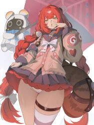 1girl :o absurdres bangboo_(zenless_zone_zero) black_choker bow braid brown_cardigan cardigan choker clothes_lift crunchy_(namtaehyeon1234) from_below green_eyes hair_bow highres looking_at_viewer open_mouth panties pink_thighhighs purple_sailor_collar purple_skirt red_hair sailor_collar single_thighhigh skirt skirt_lift solo striped_clothes striped_thighhighs thigh_strap thighhighs twin_braids ukinami_yuzuha underwear upskirt white_bow white_panties zenless_zone_zero