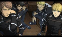 Rule 34 | 35ohama yu, 4boys, armin arlert, beard, belt, bertolt hoover, black hair, black shirt, blonde hair, blue eyes, brown belt, brown hair, closed mouth, facial hair, highres, jean kirstein, looking at viewer, male focus, multiple boys, reiner braun, shingeki no kyojin, shirt, sitting, upper body