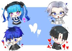 amemiya_darumi aotsuki_eito black_hair black_skirt blue_background blue_eyes blue_hair blush chibi chibi_only glasses heart japanese_clothes last_defense_academy_school_uniform long_hair makeup maruko_gaku multicolored_hair omokage_yugamu one_eye_covered open_mouth parted_hair simple_background skirt the_hundred_line_-last_defense_academy- tongue twintails upper_body white_background white_hair
