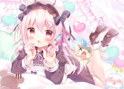1girl :o @_@ apron blush brown_dress brown_footwear commentary_request dizzy dress frilled_apron frilled_dress frilled_pillow frills full_body hair_ornament hairclip hand_on_own_chin hands_up hat heart highres holding holding_syringe kotoriifu long_sleeves lying mary_janes nurse nurse_cap on_stomach open_mouth original pillow pink_hair red_eyes shoes socks star_(symbol) syringe tagme white_apron white_legwear x_x