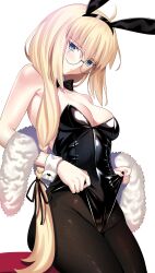 1girl absurdres aesc_(fate) aesc_(rain_witch)_(fate) alternate_costume bare_shoulders blonde_hair blue_eyes braid breasts cleavage commentary english_commentary fate/grand_order fate_(series) glasses highres leotard leotard_lift long_hair longdq3008 looking_at_viewer medium_breasts playboy_bunny round_eyewear side_ponytail solo