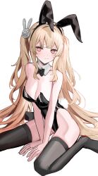 1girl absurdres animal_ears bare_shoulders black_bow black_bowtie black_hair blonde_hair blush bow bowtie breasts cleavage commentary_request detached_collar fake_animal_ears hair_ornament highres leotard long_hair nephthys2356 original playboy_bunny rabbit_ears rabbit_tail red_eyes solo sweatdrop tail twintails very_long_hair