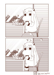 (o)_(o) 2koma abyssal_ship ahoge burger comic commentary_request crossover eating food french_fries gameplay_mechanics gen_1_pokemon highres horns kantai_collection long_hair looking_at_viewer mittens monochrome moomin muppo nintendo northern_ocean_princess parody poke_ball pokemon pokemon_(creature) pokemon_go pov sazanami_konami sitting soft_drink staryu tail throwing translation_request twitter_username