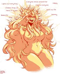 Rule 34 | 1girl, :d, ^ ^, arms behind back, artist name, big hair, blonde hair, body freckles, borrowed character, breasts, closed eyes, colored skin, commentary, completely nude, cowboy shot, electric76, english commentary, english text, freckles, highres, large breasts, long hair, nude, open mouth, original, personification, simple background, smile, solo, teeth, thighs, twitter username, upper teeth only, very long hair, white background, wide hips, yellow skin