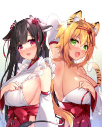 2girls :d animal_ear_fluff animal_ears arm_up armpits backlighting black_hair blonde_hair blue_background blunt_bangs blush breasts chinese_knot cleavage colored_eyelashes commentary_request cow_ears cow_girl cow_horns detached_sleeves fingernails green_eyes hair_between_eyes hair_ornament halterneck highres horns japanese_clothes large_breasts long_fingernails long_hair long_sleeves looking_at_viewer miko multiple_girls open_mouth original red_eyes ringo_sui sideboob smile tail tiger_ears tiger_girl tiger_tail upper_body white_background
