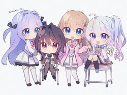 4girls 9-nine- :&lt; :d ahoge arm_at_side belt black_bow black_hair black_pantyhose black_socks blue_eyes blunt_bangs bow braid c: cardigan ch2sh chibi chibi_only closed_mouth commentary desk dress eyes_visible_through_hair frilled_dress frills frown full_body garter_straps gear_hair_ornament green_ribbon grey_belt hair_between_eyes hair_bow hair_intakes hair_ornament hair_ribbon hairclip hand_up hands_on_own_knees happy hashtag-only_commentary high_five kneehighs kousaka_haruka kujou_miyako light_brown_hair long_hair long_sleeves looking_at_viewer multiple_girls niimi_sora on_chair on_desk open_cardigan open_clothes open_mouth pantyhose pink_cardigan polka_dot polka_dot_bow purple_eyes purple_hair red_eyes ribbon school_uniform short_dress short_hair_with_long_locks side-by-side side_ponytail sidelocks simple_background single_braid sitting smile socks standing star_(symbol) star_in_eye symbol_in_eye thighhighs twitter_username two_side_up very_long_hair white_background white_dress white_thighhighs wing_hair_ornament yellow_bow yuuki_noa zettai_ryouiki