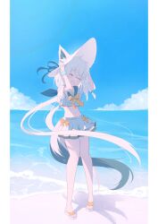 1girl absurdres ahoge animal_ear_fluff animal_ears beach bikini bikini_skirt blue_sky blush bow bowtie braid closed_eyes cloud day facing_viewer fox_ears fox_girl fox_tail frills full_body hair_between_eyes hands_on_headwear hat highres hololive holonatsu_paradise horizon kasawara long_hair navel ocean official_alternate_costume open_mouth outdoors sandals shadow shirakami_fubuki shirakami_fubuki_(holonatsu_paradise) side_braid sidelocks single_braid skirt sky smile solo standing sun_hat swimsuit tail very_long_hair virtual_youtuber water white_hair wrist_cuffs