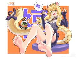 1girl animal_ears barefoot blonde_hair feet green_eyes highres huahuaren_jump ju_fufu long_hair looking_at_viewer open_mouth soles tail toes zenless_zone_zero