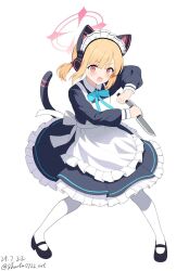 1girl 2024 animal_ear_headphones animal_ears apron aqua_bow aqua_bowtie artist_name back_bow black_dress black_shoes black_tail blonde_hair blue_archive blush bow bowtie cat_ear_headphones cat_ears cat_tail chinese_commentary collared_dress commentary_request contrast_collar dated death_momoi_(meme) dot_nose dress dual_wielding fake_animal_ears fake_tail fighting_stance frilled_apron frilled_dress frills full_body hair_ribbon headphones highres holding holding_knife jpeg_artifacts knife legs_apart long_sleeves looking_at_viewer maid maid_apron maid_headdress mary_janes meme momoi_(blue_archive) momoi_(maid)_(blue_archive) official_alternate_costume official_alternate_hairstyle open_mouth pantyhose parted_bangs pink_eyes puffy_long_sleeves puffy_sleeves red_ribbon reverse_grip ribbon shoes short_hair short_twintails shouta0722 sidelocks simple_background smile solo standing tail tail_raised twintails v-shaped_eyebrows white_apron white_background white_bow white_headdress white_pantyhose
