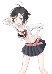 Rule 34 | 1girl, absurdres, aburi-gatana, antenna hair, arm up, belt, black bra, black eyes, black hair, black skirt, bow, bowtie, bra, collarbone, gyaru, hair ornament, hairclip, hand on own hip, highres, idolmaster, idolmaster (classic), kikuchi makoto, leaning forward, long sleeves, looking at viewer, loose bowtie, midriff, navel, one eye closed, open mouth, pink belt, pleated skirt, red bow, red bowtie, shirt, short hair, simple background, skirt, solo, standing, striped bow, striped bowtie, striped clothes, tied shirt, underwear, v, white background, white shirt