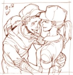 1boy 1girl bad_id bad_pixiv_id bandaged_hand blush dog_tags dual_persona genderswap genderswap_(mtf) grin hat kotteri mars_symbol monochrome ponytail scout_(tf2) signature sketch smile team_fortress_2