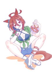 1girl absurdres agnes_tachyon_(lunatic_lab)_(umamusume) agnes_tachyon_(umamusume) animal_ears bikini bikini_under_clothes black_bikini black_gloves blue_shorts breasts brown_eyes brown_hair cleavage colored_shadow flask front-tie_top full_body gloves green_shirt grey_sandals hair_between_eyes highres holding horse_ears horse_girl horse_tail leaning_to_the_side looking_at_viewer medium_breasts navel parted_lips round-bottom_flask sandals seila_rei shadow shirt short_sleeves shorts simple_background single_glove sitting solo swimsuit tail tied_shirt umamusume white_background