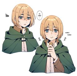 Rule 34 | 1boy, armin arlert, blonde hair, blue eyes, cloak, commentary, eating, english commentary, english text, food, food in mouth, green cloak, highres, holding, holding food, hood, hooded cloak, keksimuru, male focus, mismatched eyebrows, shingeki no kyojin, sweat