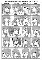 Rule 34 | 1girl, amano akira, amemiya sayaka, araki hirohiko, araki hirohiko (style), bleach, bobobo-bo bo-bobo, chart, company connection, death note, detached sleeves, dragon ball, gintama, greyscale, hamu agaki, heart, highres, houshin engi, hunter x hunter, ichigo 100 percent, jojo no kimyou na bouken, katekyo hitman reborn!, kishimoto masashi, konomi takeshi, kubo tite, monochrome, multiple style parody, naruto (classic), naruto (series), oda eiichirou, one piece, osu! tatakae! ouendan, parody, ponytail, pyuu to fuku! jaguar, rurouni kenshin, shaman king, shimabukuro mitsutoshi, style parody, tennis no ouji-sama, to love-ru, toriko, toriko (hatoriko), toriko (series), toriyama akira (style), translated, v, yu-gi-oh!, yu-gi-oh! duel monsters