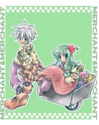 1boy 1girl 2000s_(style) apple_on_head banana blue_eyes boots bottle brown_boots brown_gloves brown_shirt character_name closed_mouth commentary_request drops_(ragnarok_online) food fruit full_body gloves green_background green_eyes green_hair green_vest grey_hair hasenyo holding holding_bottle long_hair long_sleeves looking_at_viewer merchant_(ragnarok_online) open_mouth pants pink_skirt poring pullcart purple_pants ragnarok_online shirt short_hair sidelocks skirt smile vest