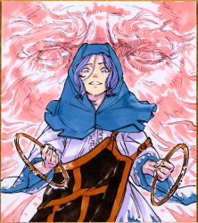 1boy 1girl bad_id bad_pixiv_id blue_eyes blue_hair dress frills grin highres holding hood hood_up hoop kesa kumoi_ichirin looking_at_viewer misohagi short_hair smile touhou unzan upper_body white_dress wide_sleeves