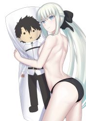 1girl absurdres ass back bikini black_bikini black_bow black_panties blue_eyes blush bow braid breasts chaldea_uniform dakimakura_(object) fate/grand_order fate_(series) fujimaru_ritsuka_(male) grey_hair hair_bow half_up_braid highres kaijiba large_breasts long_hair looking_at_viewer looking_back morgan_le_fay_(fate) natu_zame panties pillow ponytail sideboob sidelocks smile solo swimsuit thighs topless_female underwear underwear_only very_long_hair