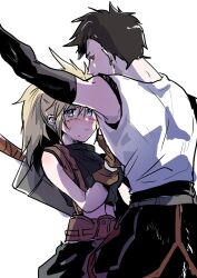 1boy 1girl blonde_hair blue_eyes blush breasts closed_mouth cloud_strife elbow_gloves final_fantasy final_fantasy_vii genderswap genderswap_(ftm) genderswap_(mtf) gloves highres huge_weapon long_hair looking_at_viewer midriff motsutei ponytail short_hair simple_background sleeveless sleeveless_turtleneck spiked_hair sweat sword sword_on_back tifa_lockhart turtleneck weapon weapon_on_back white_background