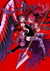 2girls absurdres akemi_homura akuma_homura apple apple_core argyle_clothes argyle_thighhighs bare_shoulders bird bird_on_hand black_bow black_gloves black_hair black_shoes black_thighhighs boots bow carrying carrying_person chest_jewel detached_sleeves dress elbow_gloves fang feathered_wings flats floating_hair food food_in_mouth food_on_head fruit gloves grey_sleeves hair_bow highres holding holding_food holding_fruit long_hair looking_at_viewer magical_girl mahou_shoujo_madoka_magica mahou_shoujo_madoka_magica:_hangyaku_no_monogatari multiple_girls object_on_head poigori polearm ponytail purple_eyes red_background red_boots red_bow red_eyes red_hair sakura_kyoko sakura_kyoko_(magical_girl) shoes side_slit thighhighs tomato weapon wings