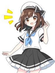 1girl :d black_bow black_sailor_collar black_skirt blue_neckerchief blush bow brown_eyes brown_hair commentary_request cowboy_shot dot_nose frilled_skirt frills hand_up hat hat_bow highres kotatsu-mazoku looking_at_viewer neckerchief notice_lines open_mouth original pleated_skirt sailor_collar school_uniform serafuku shirt short_hair short_sleeves simple_background skirt smile solo white_background white_hat white_shirt