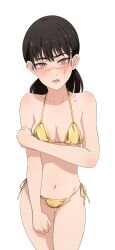 1girl absurdres bikini black_hair breasts chainsaw_man cleavage collarbone commentary_request cowboy_shot embarrassed facial_scar gold_bikini highres long_hair looking_at_viewer lower_teeth_only medium_breasts na-suke navel parted_lips ringed_eyes scar scar_on_cheek scar_on_face side-tie_bikini_bottom simple_background solo standing stomach swimsuit teeth thighs tongue variant_set white_background yoru_(chainsaw_man)