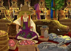 Rule 34 | 1girl, alcohol, animal print, blonde hair, boar, bottle, brown hat, bucket, chopsticks, closed mouth, cup, dead animal, deer, dress, fish, food, frog print, hair ribbon, hat, highres, holding, indian style, light smile, long hair, long sleeves, looking at viewer, moriya suwako, purple dress, rabbit, religious offering, ribbon, ritsuzou, sakazuki, sake, sake bottle, sitting, solo, touhou, wide sleeves, wooden bucket