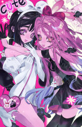 2girls absurdres alien_stage bare_shoulders black_dress black_hair blue_hair boots bow breasts commentary detached_sleeves dress english_text gloves gradient_hair hair_between_eyes hair_bow heart highres kneeling long_hair looking_at_viewer mizi_(alien_stage) multicolored_hair multiple_girls open_mouth pink_hair purple_eyes rabbit red_bow red_hair smile sua_(alien_stage) symbol-only_commentary taowu_(20809) tongue tongue_out two-tone_hair white_boots white_bow white_dress white_gloves yellow_eyes